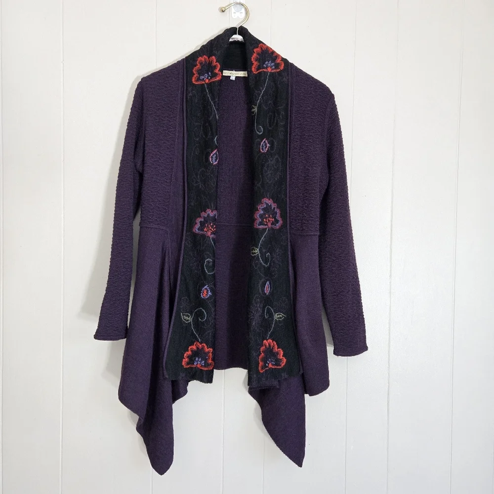 Simply Natural Fantasia Alpaca Blend Open Front Cardigan Shawl Collar Embroidery - Picture 2 of 12